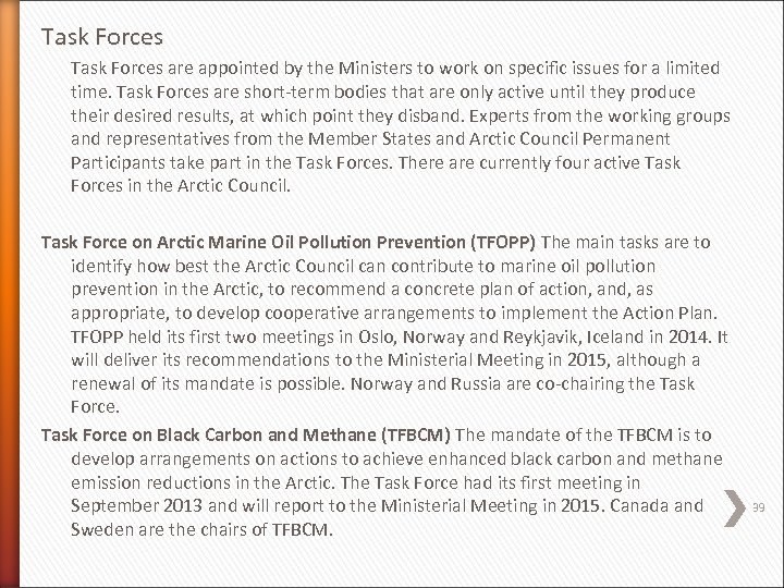 Task Forces are appointed by the Ministers to work on specific issues for a