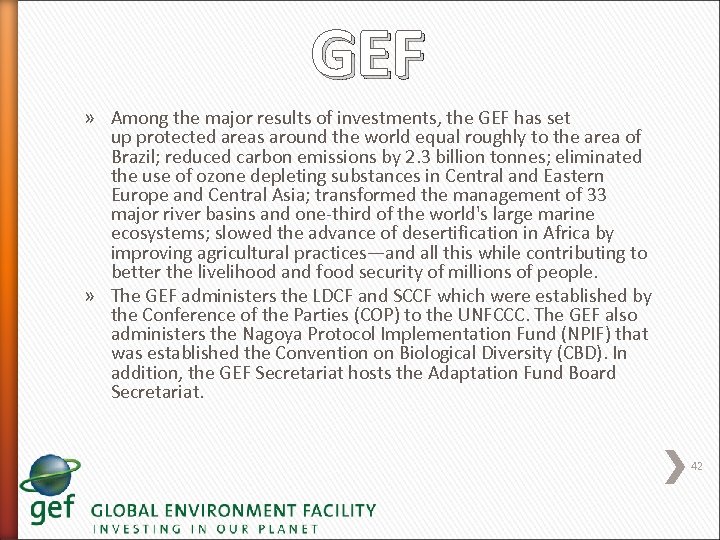 GEF » Among the major results of investments, the GEF has set up protected