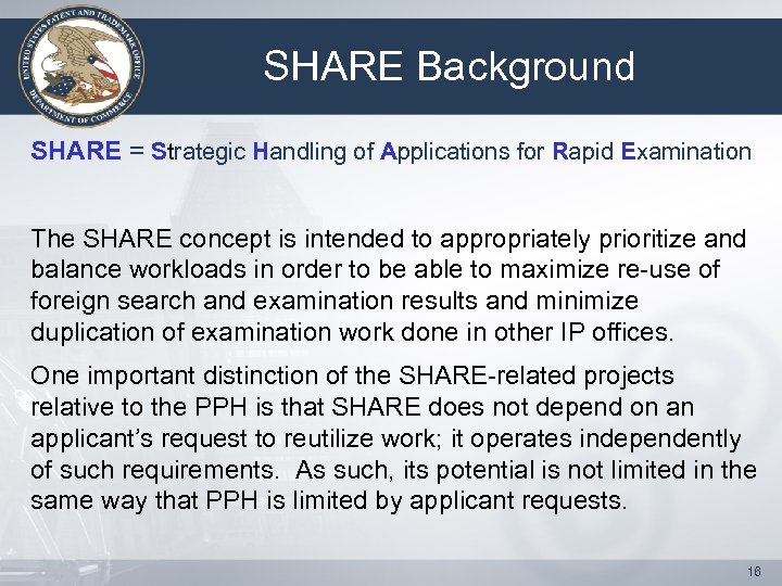 SHARE Background SHARE = Strategic Handling of Applications for Rapid Examination The SHARE concept