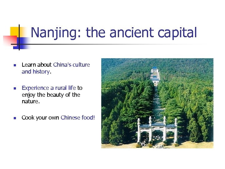 Nanjing: the ancient capital n n n Learn about China’s culture and history. Experience