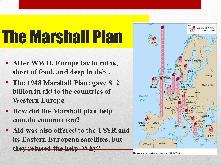 The Marshall Plan • After WWII, Europe lay in ruins, short of food, and