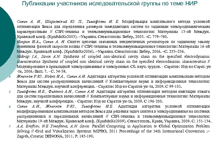 Публикации участников иследовательской группы по теме НИР 1. 2. 3. 4. 5. 6. 7.