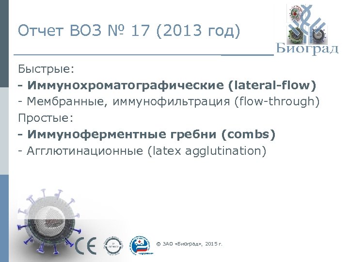 Отчет ВОЗ № 17 (2013 год) Быстрые: - Иммунохроматографические (lateral-flow) - Мембранные, иммунофильтрация (flow-through)