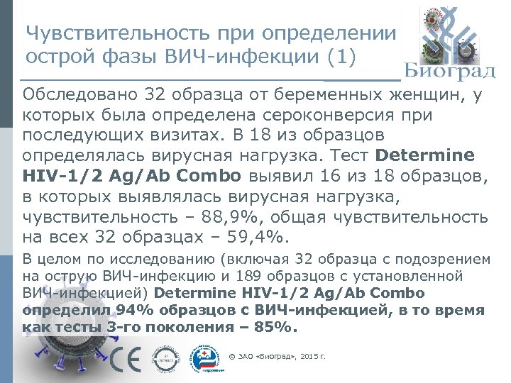Чувствительность при определении острой фазы ВИЧ-инфекции (1) Обследовано 32 образца от беременных женщин, у
