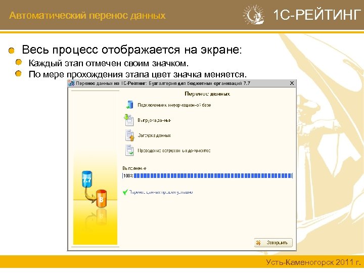 Автоматический перенос данных 1 С-РЕЙТИНГ Весь процесс отображается на экране: Каждый этап отмечен своим