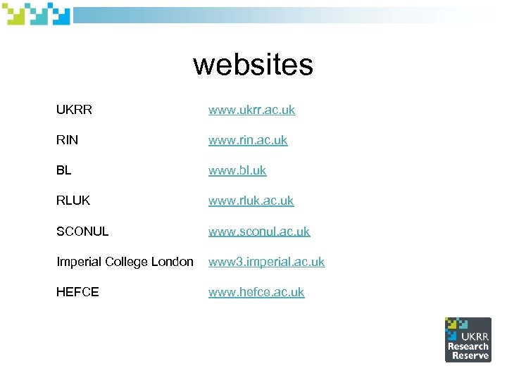 websites UKRR www. ukrr. ac. uk RIN www. rin. ac. uk BL www. bl.