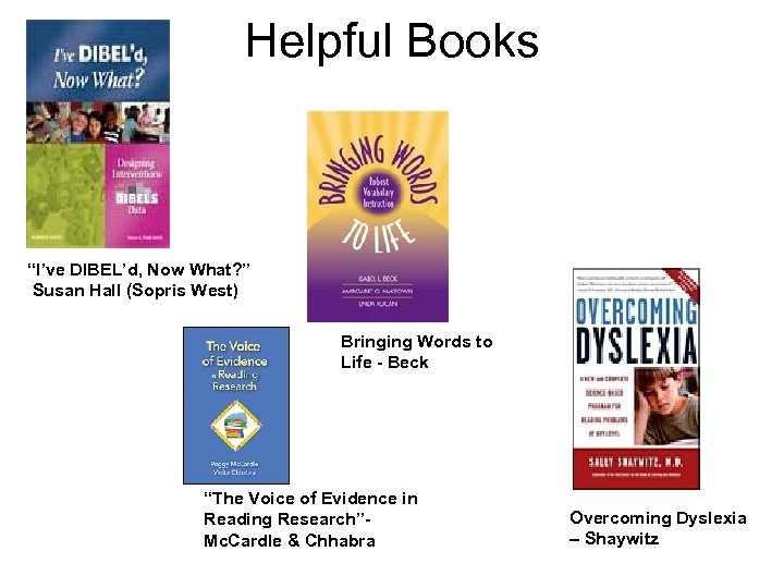 Helpful Books “I’ve DIBEL’d, Now What? ” Susan Hall (Sopris West) Bringing Words to