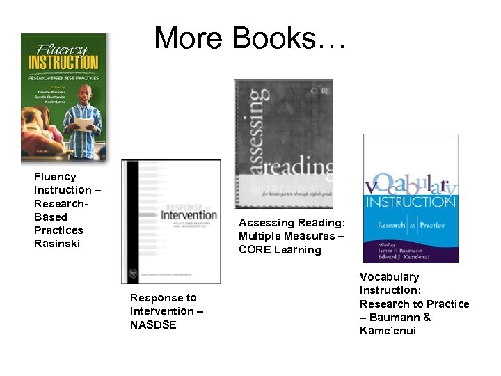 More Books… Fluency Instruction – Research. Based Practices Rasinski Assessing Reading: Multiple Measures –