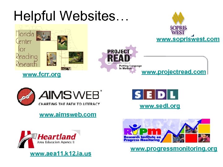 Helpful Websites… www. sopriswest. com www. fcrr. org www. projectread. com www. sedl. org