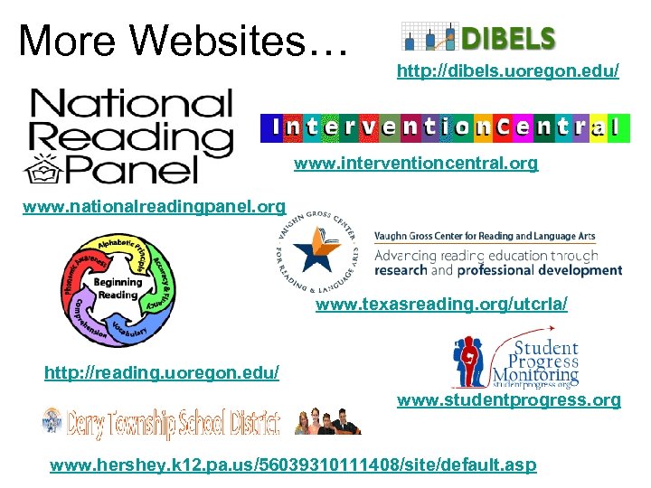 More Websites… http: //dibels. uoregon. edu/ www. interventioncentral. org www. nationalreadingpanel. org www. texasreading.