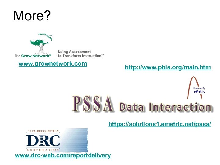 More? www. grownetwork. com http: //www. pbis. org/main. htm https: //solutions 1. emetric. net/pssa/