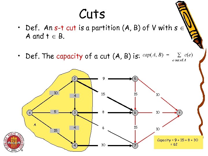 Cuts • Def. An s-t cut is a partition (A, B) of V with