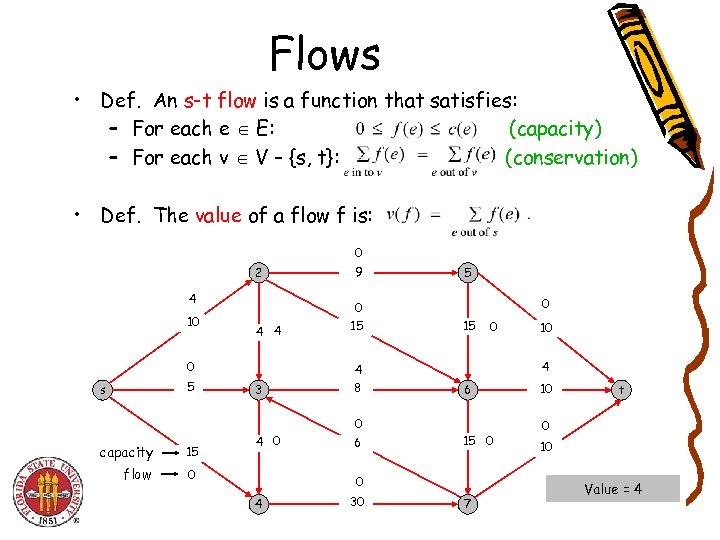 Flows • Def. An s-t flow is a function that satisfies: – For each