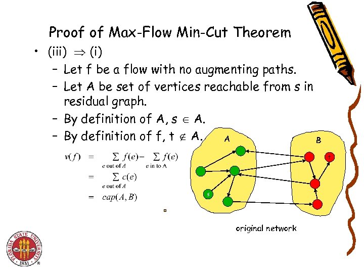 Proof of Max-Flow Min-Cut Theorem • (iii) (i) – Let f be a flow