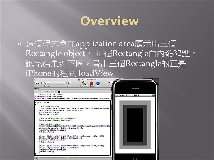 Overview 這個程式會在application area顯示出三個 Rectangle object， 每個Rectangle向內縮 32點。 跑完結果如下圖，畫出三個Rectangle的正是 i. Phone的程式 load. View 