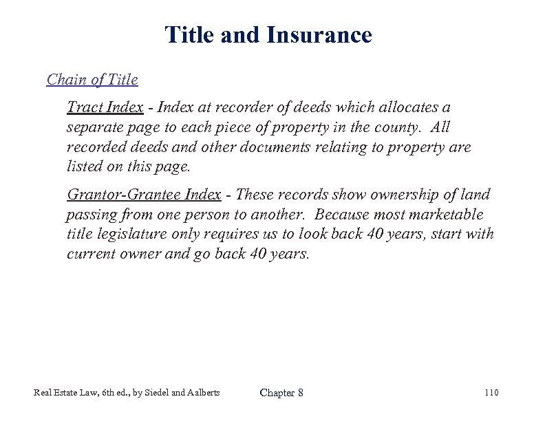 Title and Insurance Chain of Title Tract Index - Index at recorder of deeds