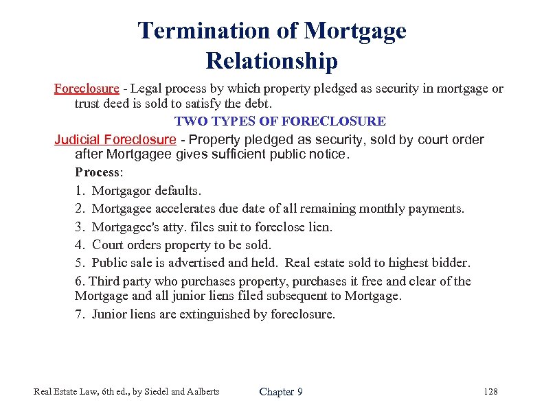 Termination of Mortgage Relationship Foreclosure - Legal process by which property pledged as security