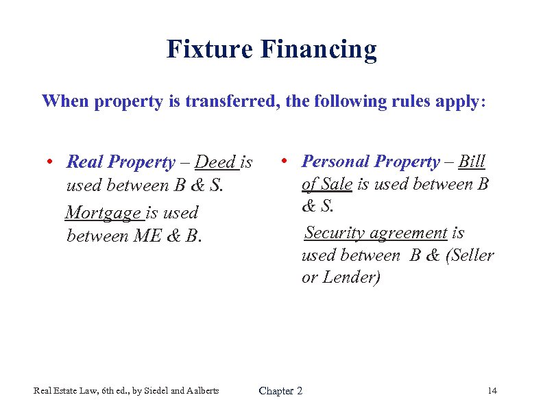 Fixture Financing When property is transferred, the following rules apply: • Real Property –