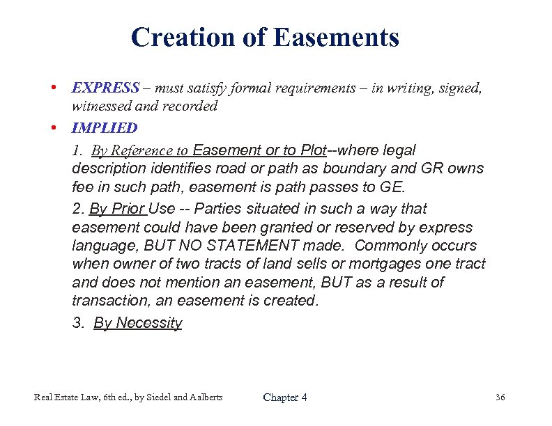 Creation of Easements • EXPRESS – must satisfy formal requirements – in writing, signed,
