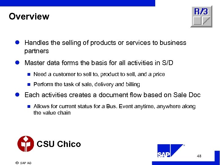 Overview l Handles the selling of products or services to business partners l Master