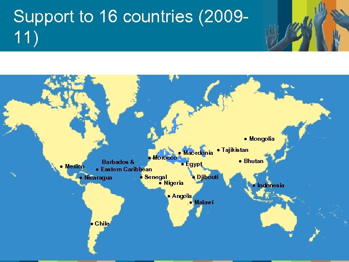 Support to 16 countries (200911) ● Mongolia ● Macedonia ● Tajikistan ● Morocco ●