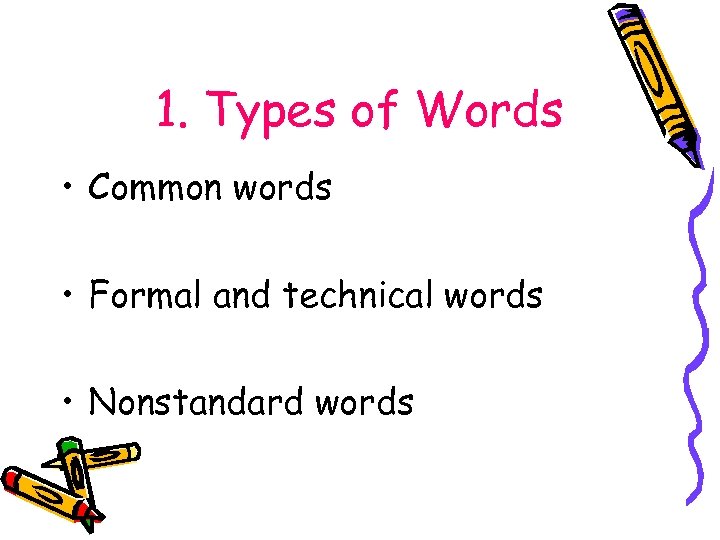 1. Types of Words • Common words • Formal and technical words • Nonstandard