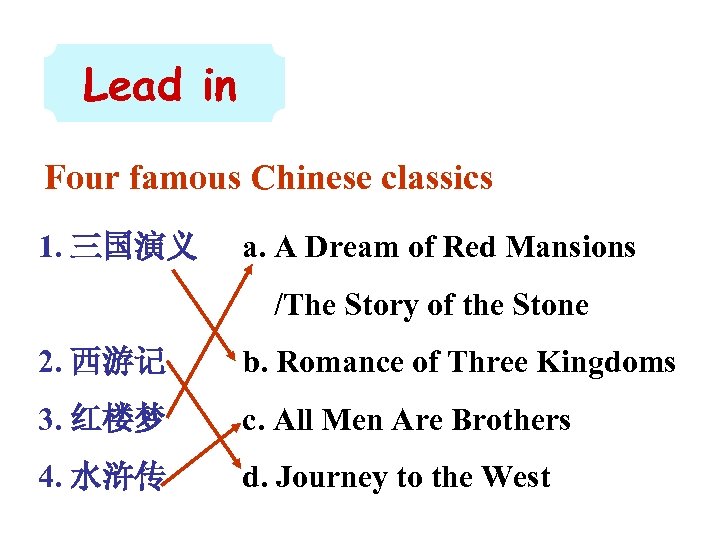 Lead in Four famous Chinese classics 1. 三国演义 a. A Dream of Red Mansions