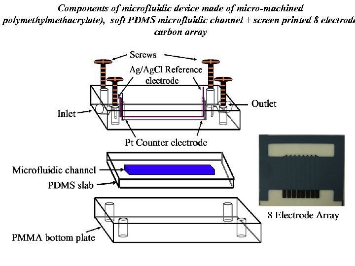 Components of microfluidic device made of micro-machined polymethylmethacrylate), soft PDMS microfluidic channel + screen