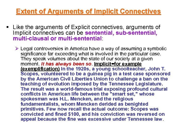 Extent of Arguments of Implicit Connectives § Like the arguments of Explicit connectives, arguments