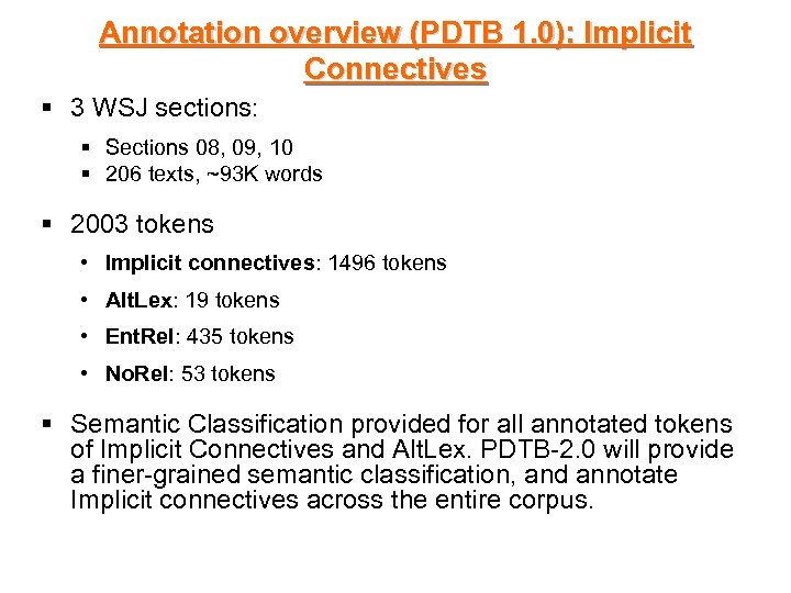 Annotation overview (PDTB 1. 0): Implicit Connectives § 3 WSJ sections: § Sections 08,