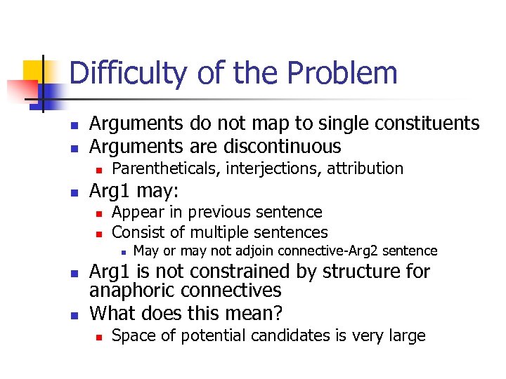 Difficulty of the Problem n n Arguments do not map to single constituents Arguments