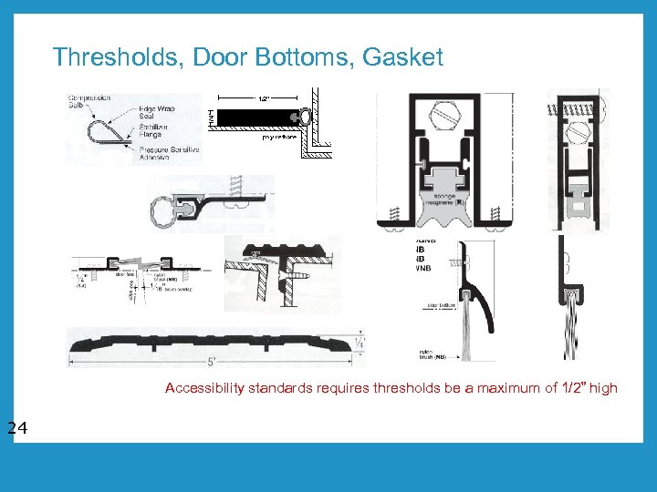 Thresholds, Door Bottoms, Gasket Accessibility standards requires thresholds be a maximum of 1/2” high