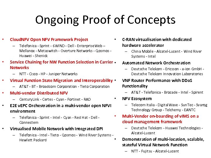 Ongoing Proof of Concepts • Cloud. NFV Open NFV Framework Project • – Telefonica