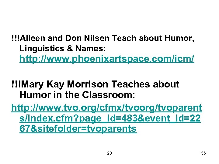 !!!Alleen and Don Nilsen Teach about Humor, Linguistics & Names: http: //www. phoenixartspace. com/icm/
