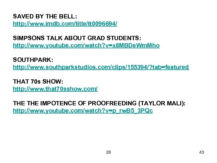 SAVED BY THE BELL: http: //www. imdb. com/title/tt 0096694/ SIMPSONS TALK ABOUT GRAD STUDENTS: