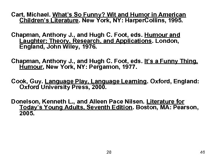 Cart, Michael. What’s So Funny? Wit and Humor in American Children’s Literature. New York,