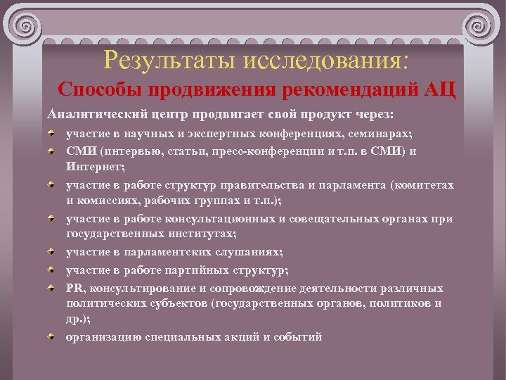 Результаты исследования: Способы продвижения рекомендаций АЦ Аналитический центр продвигает свой продукт через: участие в