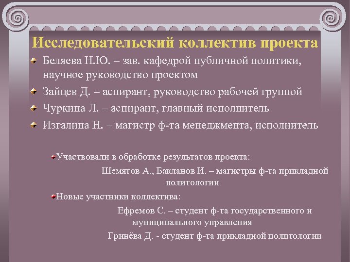 Исследовательский коллектив проекта Беляева Н. Ю. – зав. кафедрой публичной политики, научное руководство проектом