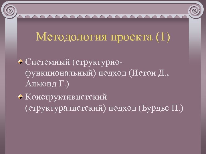 Методология проекта (1) Системный (структурнофункциональный) подход (Истон Д. , Алмонд Г. ) Конструктивистский (структуралистский)