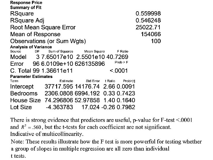 Note: These results illustrate how the F test is more powerful for testing whether