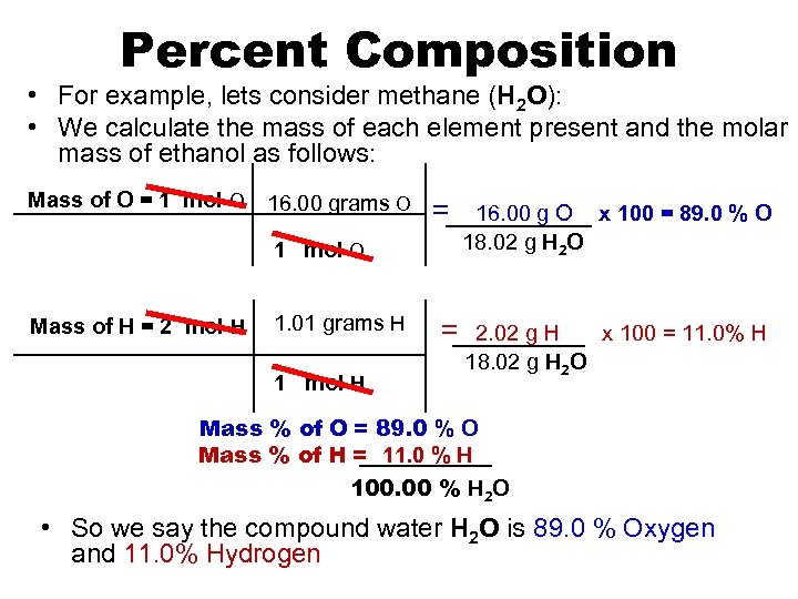 Percent Composition • For example, lets consider methane (H 2 O): • We calculate
