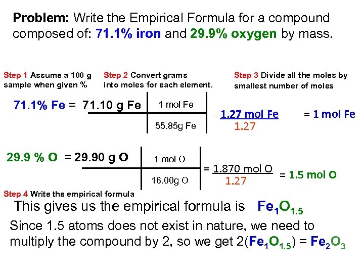 Problem: Write the Empirical Formula for a compound composed of: 71. 1% iron and