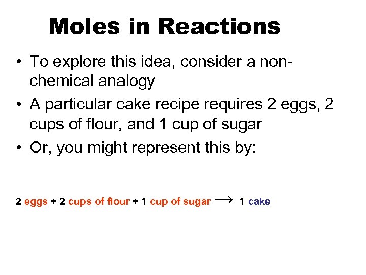Moles in Reactions • To explore this idea, consider a nonchemical analogy • A