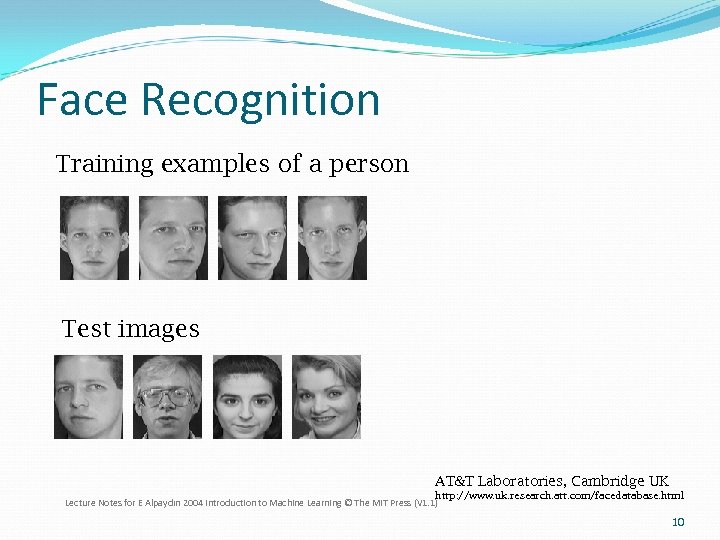 Face Recognition Training examples of a person Test images AT&T Laboratories, Cambridge UK http: