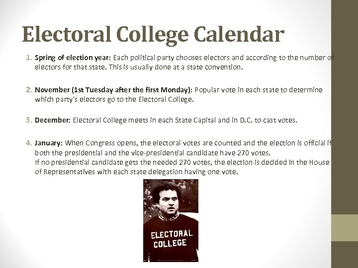 Electoral College Calendar 1. Spring of election year: Each political party chooses electors and