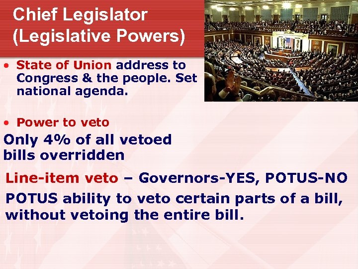 Chief Legislator (Legislative Powers) • State of Union address to Congress & the people.