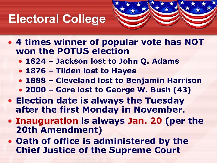 Electoral College • 4 times winner of popular vote has NOT won the POTUS