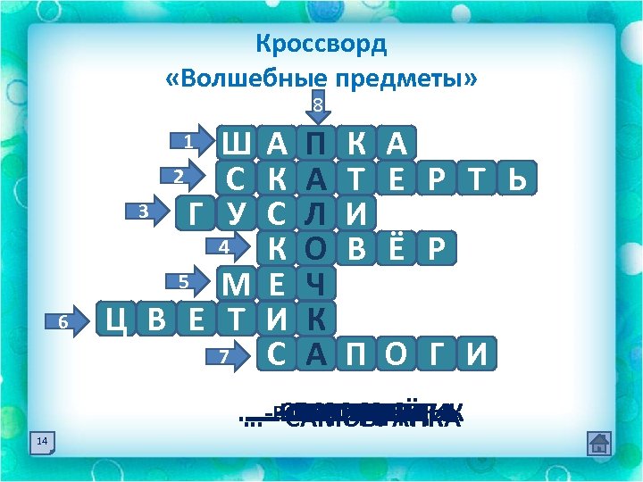 Кроссворд «Волшебные предметы» 8 ША П К 2 С К А Т 3 Г