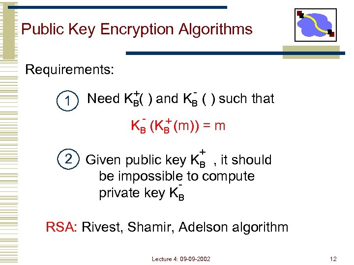 Public Key Encryption Algorithms Requirements: 1 +( ) and K - ( ) such