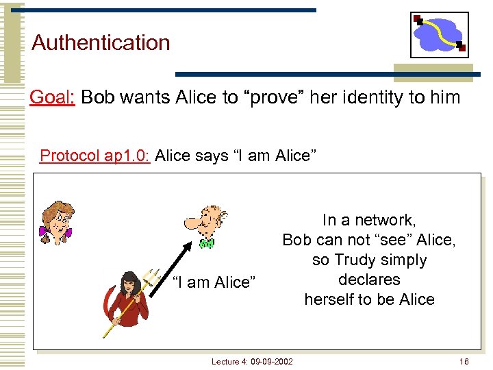 Authentication Goal: Bob wants Alice to “prove” her identity to him Protocol ap 1.